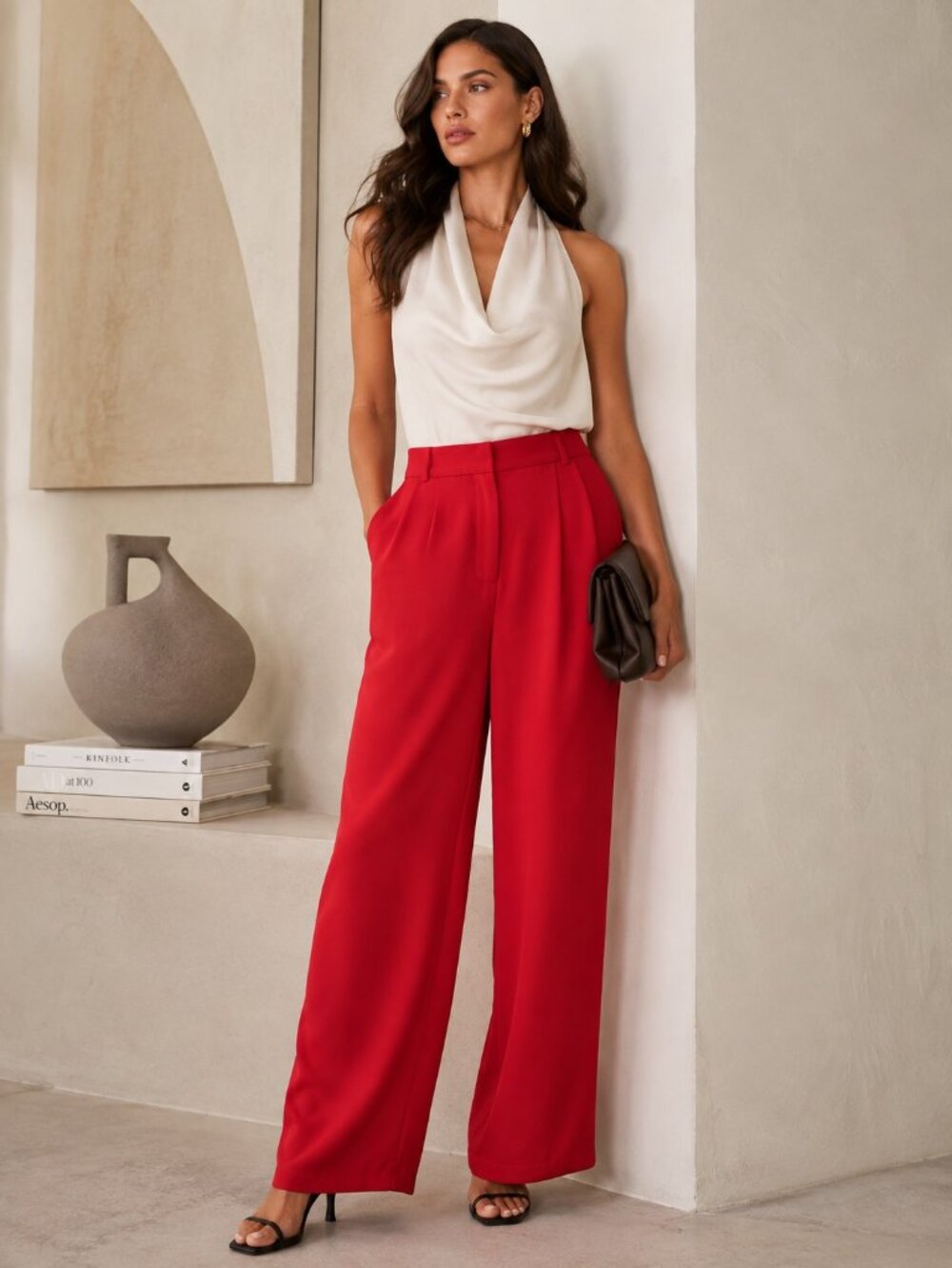Babaton Red High-Waisted Wide Leg Dress Pants Trousers | Size 6